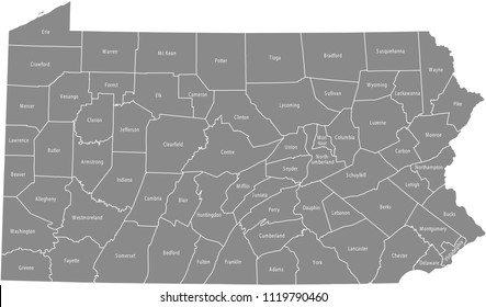 Pennsylvania County Map Labeled Vector Outline Gray Background. Map Of Pennsylvania State Of USA With Borders And Counties Names