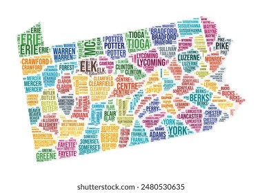 Pennsylvania county word cloud. State shape design. Pennsylvania colored illustration. County names collage cloud. Vector illustration.