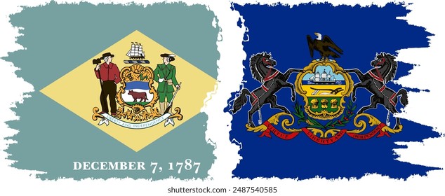 Pennsylvania and Delaware states grunge brush flags connection, vector