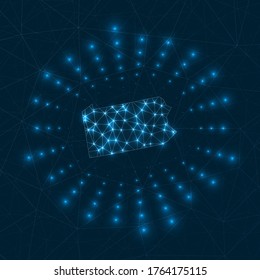 Pennsylvania digital map. Glowing rays radiating from the us state. Network connections and telecommunication design. Vector illustration.