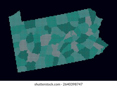 Pennsylvania dotted map. Digital style map of the state on a dark background. Pennsylvania shape with square dots. Colored dots style. Small size squares. Awesome vector illustration.