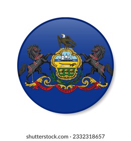 Pennsylvania flag circle button icon, US state round badge with shadow. 3D realistic vector illustration isolated on white.