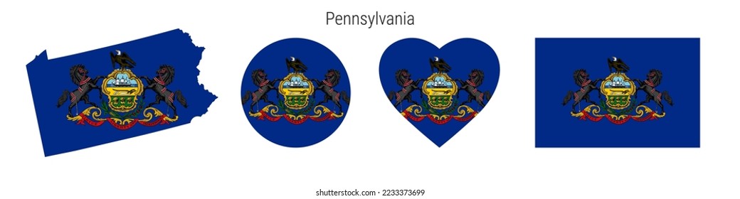Pennsylvania flag icon set. American state pennant in official colors and proportions. Rectangular, map-shaped, circle and heart-shaped. Flat vector illustration isolated on white.