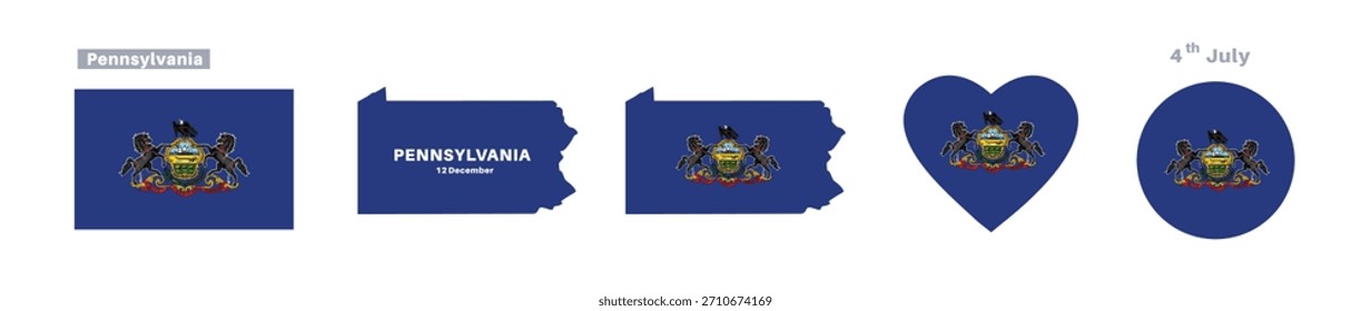  Bandera de Pensilvania y conjunto de mapas. Bandera del estado de Pensilvania en la celebración del 12 de diciembre