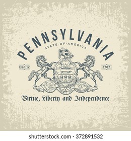 Pennsylvania gothic styling emblem state of America, white, vintage vector illustration