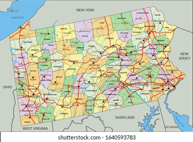 Pennsylvania - Highly detailed editable political map with labeling.