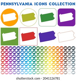 Pennsylvania icons collection. Bright colourful trendy map icons. Modern Pennsylvania badge with us state map. Vector illustration.