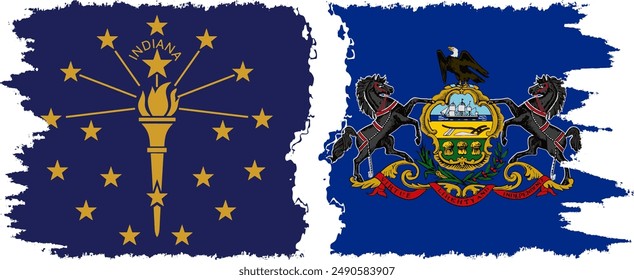 Pennsylvania and Indiana states grunge brush flags connection, vector