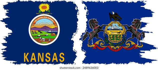 Pennsylvania and Kansas states grunge brush flags connection, vector