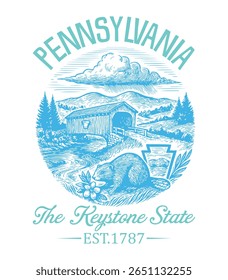 Pennsylvania The Keystone State Design - US State Vintage T-shirt Vector, USA States Cityscape Landmark Icons, American State Typography Shirt, USA Skyline Clipart, Retro travel city illustration
