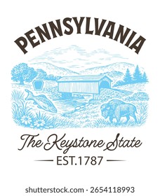 Pensilvânia The Keystone State - Estados Unidos Cityscape T-shirt Vetor, Ícones americanos de referência, Vintage States Cityscape Shirt, Retro Travel City Art, Estados Citações de referência, Estado de férias ilustração