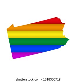 Pennsylvania LGBT flag map. Vector illustration. Slightly wavy rainbow gay pride flag map.