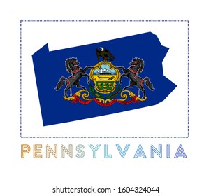 Pennsylvania Logo. Map of Pennsylvania with US state name and flag. Neat vector illustration.