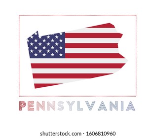 Pennsylvania Logo. Map of Pennsylvania with US state name and flag. Powerful vector illustration.