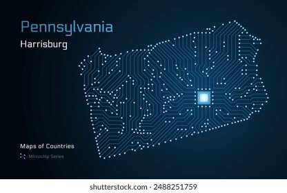Pennsylvania Map with a capital of Harrisburg Shown in a Microchip Pattern. Silicon valley, E-government. United States vector maps. Microchip Series	