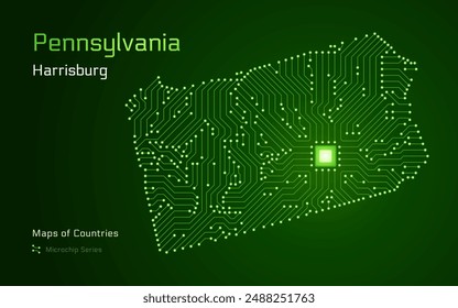 Pennsylvania Map with a capital of Harrisburg Shown in a Microchip Pattern. Silicon valley, E-government. United States vector maps. Microchip Series	