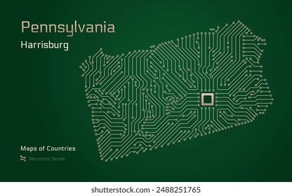 Pennsylvania Map with a capital of Harrisburg Shown in a Microchip Pattern. Silicon valley, E-government. United States vector maps. Microchip Series	