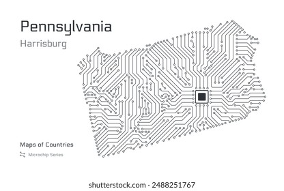 Pennsylvania Map with a capital of Harrisburg Shown in a Microchip Pattern. Silicon valley, E-government. United States vector maps. Microchip Series	