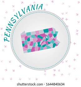 Pennsylvania map design. Map of the US state with regions in emerald-amethyst color palette. Rounded travel to Pennsylvania poster with US state name and airplanes background.