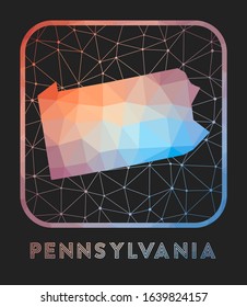 Pennsylvania map design. Vector low poly map of the us state. Pennsylvania icon in geometric style. The us state shape with polygnal gradient and mesh on dark background.