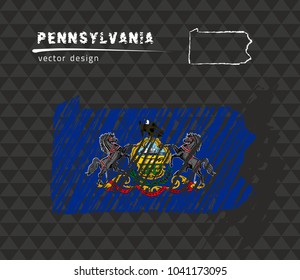 Pennsylvania map with flag inside on the black background. Chalk sketch vector illustration
