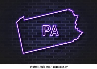 Mapa de Pennsylvania con lámpara de neón brillante o tubo de vidrio. Ilustración vectorial realista. Muro de ladrillo negro, sombra suave.