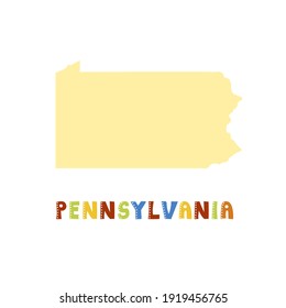 Pennsylvania map isolated. USA collection. Map of Pennsylvania - yellow silhouette. Doodling style lettering on white