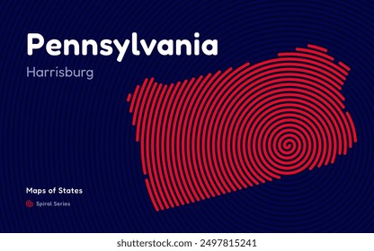 Pennsylvania Map in Spiral Formation: Harrisburg   Takes Center Stage. Fingerprint and stripes pattern. American states maps.