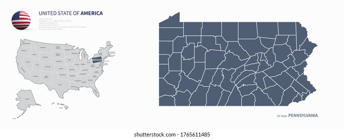pennsylvania map. u.s. states vector map of pennsylvania. us states map. 