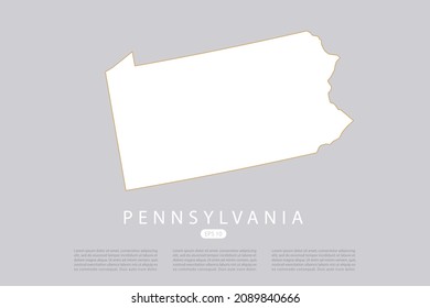 Pennsylvania Map - USA, United States of America Map vector template with white color and thin gold outline graphic sketch style isolated on grey background - Vector illustration eps 10