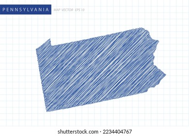 Pennsylvania Map - USA, United States of America Map vector template with blue outline graphic and pen drawing sketch style isolated on white grid background for design - Vector illustration eps 10