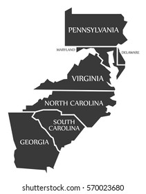 Pennsylvania - Maryland - Delaware - Virginia - North and South Carolina and Georgia Map labelled black illustration