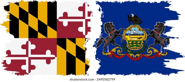 Pennsylvania and Maryland states grunge brush flags connection, vector