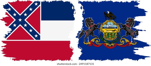 Pennsylvania and Mississippi states grunge brush flags connection, vector