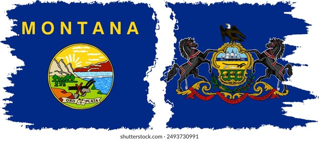 Pennsylvania and Montana states grunge brush flags connection, vector