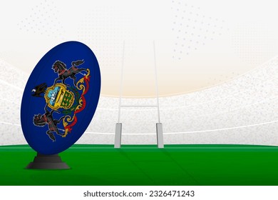 La selección nacional de rugby de Pennsylvania en el estadio de rugby y en los puestos de gol, preparándose para un penal o patada libre. Ilustración vectorial.