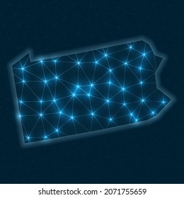 Mapa de la red de Pensilvania. Mapa geométrico abstracto del estado de estados unidos. Conexiones digitales y diseño de telecomunicaciones. Red de Internet brillante. Ilustración vectorial radiante.