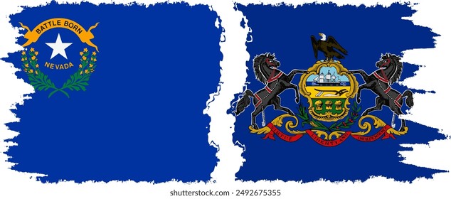 Pennsylvania and Nevada states grunge brush flags connection, vector