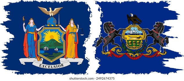 Pennsylvania and New York states grunge brush flags connection, vector