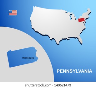 Pennsylvania on USA map with map of the state