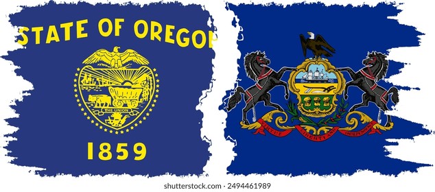 Pennsylvania and Oregon states grunge brush flags connection, vector
