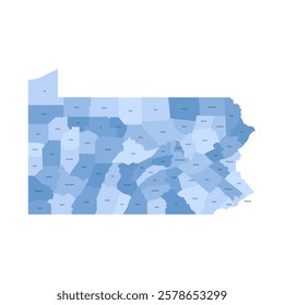 Pennsylvania, PA - detailed political map of US state. Administrative map divided into counties. Blue map with county name labels. Vector illustration