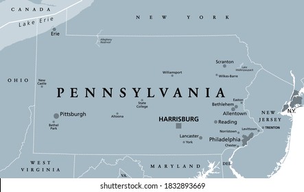 Pennsylvania, PA, gray political map. The Commonwealth of Pennsylvania, a state in the Northeastern United States of America with capital Harrisburg. Keystone State. Quaker State. Illustration. Vector