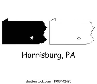 Pennsylvania PA State Map USA With Capital City Star At Harrisburg. Black Silhouette And Outline Isolated On A White Background. EPS Vector