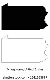 Pennsylvania PA state Maps. Black silhouette and outline isolated on a white background. EPS Vector
