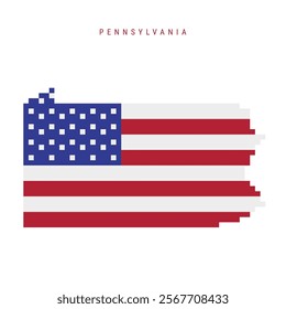 Pennsylvania pixel flag map icon. 8 bit pixel art map covered with american flag. Flat vector illustration isolated on white background.
