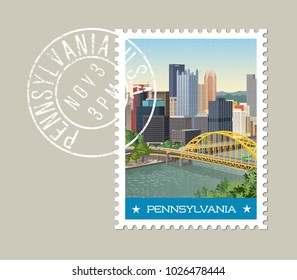 Pennsylvania postage stamp design. Vector illustration of Pittsburgh skyline. Grunge postmark on separate layer.