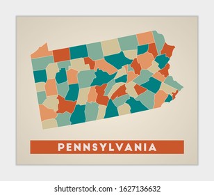 Pennsylvania poster. Map of the US state with colorful regions. Shape of Pennsylvania with the state name. Superb vector illustration.