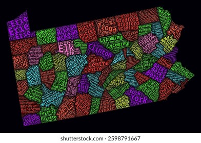 Pennsylvania Regions Word Clouds. Bright typographic style design on dark background. Pennsylvania region names tag clouds. Boundary shape. Classy vector illustration.
