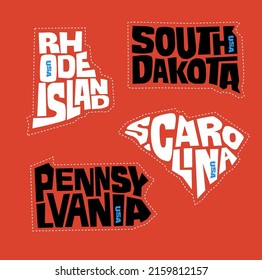 Los nombres de los estados de Pennsylvania, Rhode Island, Dakota del Sur y Carolina del Sur se distorsionaron en contornos estatales. Ilustración vectorial de estilo pop artístico para pegatinas, camisetas, afiches y medios sociales.